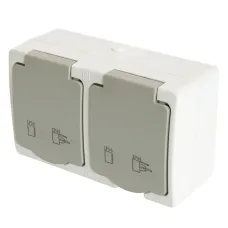 Розетка 2-местная с крышкой с/з, 250В, 16А, IP54, серия Велена, белый/серый
