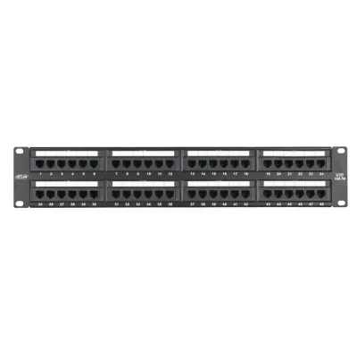 Коммутационная панель NETLAN 19'', 2U, 48 портов, Кат.5e (Класс D), 100МГц, RJ45/8P8C, 110/KRONE, T568A/B, неэкранированная, черная