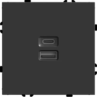 Розетка 2-местная USB + Type C (механизм), 250В, 20W, серия Эмили, RST10-5115-05, черный уголь, soft touch