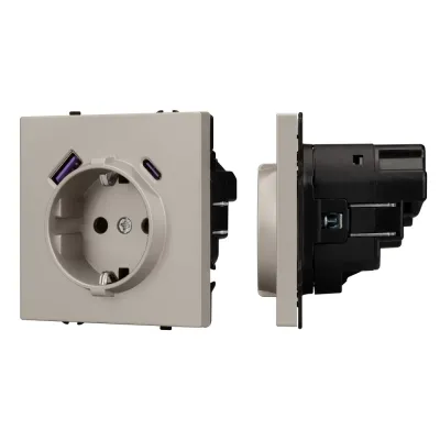 Розетка с заземляющим контактом со шторками с USB NOBE тип А+С 250 В, 16 A SCT-MUAC-SFPL-CA софт-тач кашемир 1 пост
