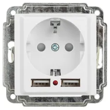 Розетка Intro Accent 6-410-01 P+E Schuko со шторками, 16А-250В + 2хUSB, IP20, СУ, белый