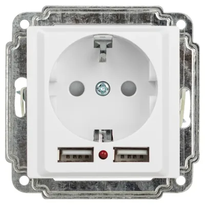 Розетка Intro Accent 6-410-01 P+E Schuko со шторками, 16А-250В + 2хUSB, IP20, СУ, белый
