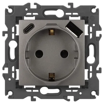 Розетка ЭРА Elegance 14-4108-16 2P+E 16A-250В со шторками с USB type-A+C 5В-3А титан