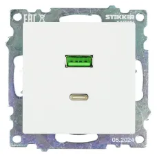 Розетка электрическая 2-местная USB + type C (механизм), 250В, 3А, max 20W, серия Катрин, GLS10-7116-01, белый