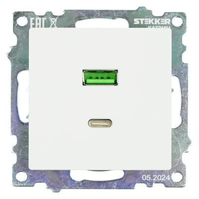 Розетка электрическая 2-местная USB + type C (механизм), 250В, 3А, max 20W, серия Катрин, GLS10-7116-01, белый
