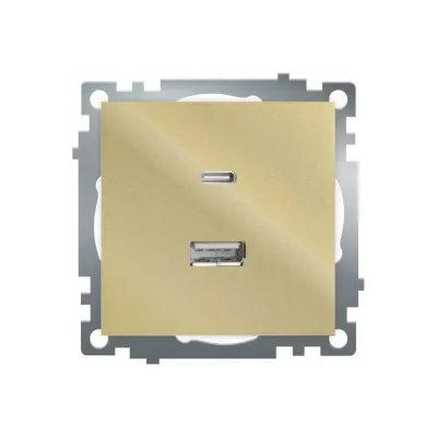 Розетка 2-местная USB + type C (механизм), 250В, 3А, max 20W, серия Катрин, золото, GLS10-7116-08