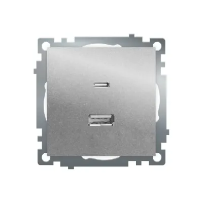 Розетка 2-местная USB + type C (механизм), 250В, 3А, max 20W, серия Катрин, серебро, GLS10-7116-03