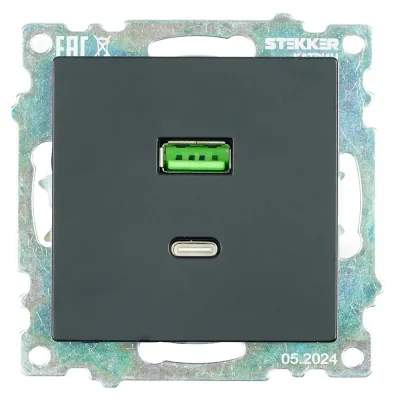Розетка 2-местная USB + type C (механизм), 250В, 3А, серия Катрин, GLS10-7116-05, черный