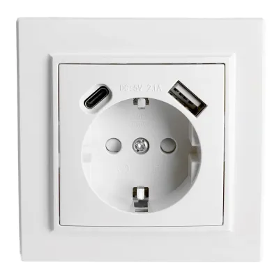 Розетка 1-местная USB + type C, 250В, 2.1А, серия Эрна, PST16-9016-01, белый
