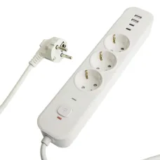 HM21-31-02 Сетевой фильтр 3-местный с/з 3x1мм2 1,8 м 250В 16А 2 USB-A+2 Type-C серия Nova белый STEKKER