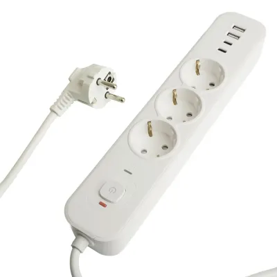 HM21-31-02 Сетевой фильтр 3-местный с/з 3x1мм2 1,8 м 250В 16А 2 USB-A+2 Type-C серия Nova белый STEKKER