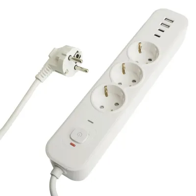 HM21-31-05 Сетевой фильтр 3-местный с/з 3x1мм2 5 м 250В 16А 2 USB-A+2 Type-C 3 серия Nova белый STEKKER