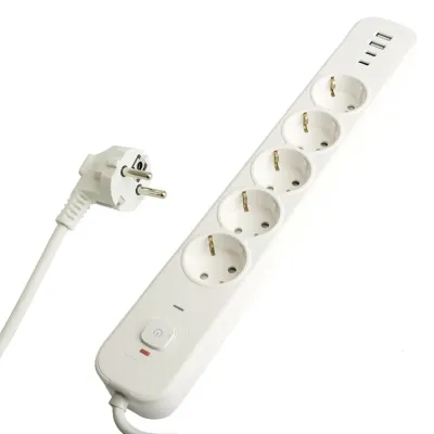 HM21-51-03 Сетевой фильтр 5-местный с/з 3x1мм2 3 м 250В 16А 2 USB-A+2 Type-C 3 серия Nova белый STEKKER