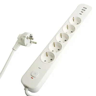 HM21-51-05 Сетевой фильтр 5-местный с/з 3x1мм2 5 м 250В 16А 2 USB-A+2 Type-C 3 серия Nova белый STEKKER