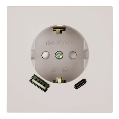 Розетка 1-местная з/ш с/з 16А + USB + Type C (механизм), 250В, 20W, серия Мия, RST16-3119-08, пудровый жемчуг
