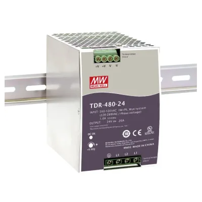 Блок питания AC-DC, 480Вт, ККМ, 3-х фазный, вход 340-550В AC, 47-63,480-780В DC, выход 24В,20A, рег. вых 24-28В, в кожухе на DIN-рейку