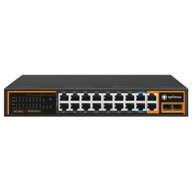 Коммутатор неуправляемый промышленный 16x100Мбит/с (RJ45 с PoE+), 2x1Гбит/с (RJ45) + 2x1Гбит/с (SFP) 240Вт