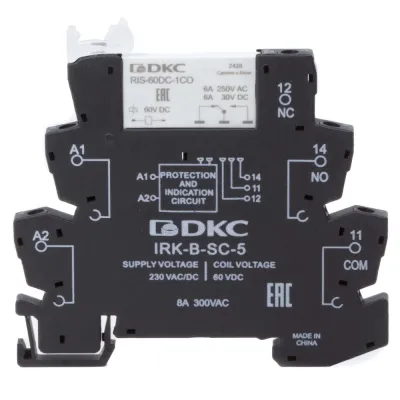 Реле интерфейсное, 1CO, ком. ток 6А, AgSnO, напря жение 230V AC/DC, RC-цепь, винтовые клеммы.
