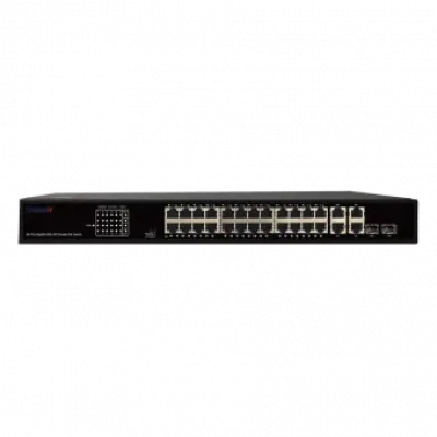Коммутатор неуправляемый 24x1Гбит/с (RJ45 с PoE+), 2x1Гбит/с (RJ45) + 2x1Гбит/с (Combo) 370Вт