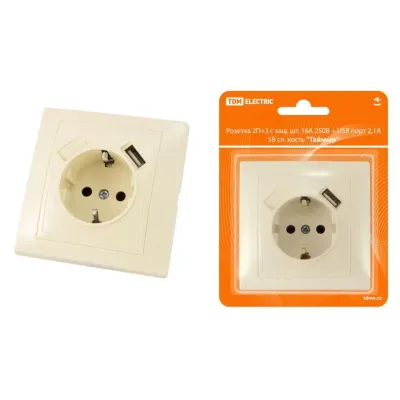 Розетка 2П+З с защ. шт. 16А 250В + USB порт 2,1А 5В сл. кость Таймыр TDM