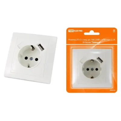 Розетка 2П+З с защ. шт. 16А 250В + USB порт 2,1А 5В белая Таймыр TDM