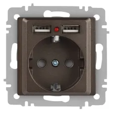Розетка Intro Accent 6-410-08 , P+E Schuko со шторками, 16А-250В + 2хUSB, IP20, СУ, бронза