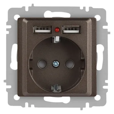 Розетка Intro Accent 6-410-08 , P+E Schuko со шторками, 16А-250В + 2хUSB, IP20, СУ, бронза