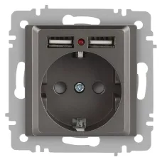 Розетка Intro Accent 6-410-09 P+E Schuko со шторками, 16А-250В + 2хUSB, IP20, СУ, титан