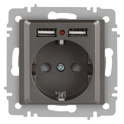 Розетка Intro Accent 6-410-09 P+E Schuko со шторками, 16А-250В + 2хUSB, IP20, СУ, титан