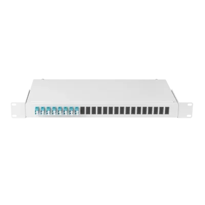 Оптический кросс 19'' Essential Line, 1U, укомплектованный на 16 портов LC/UPC (8 двойных LC/UPC адаптеров), SM 9/125 OS2, стальной, серый, в комплекте: адаптеры, мон