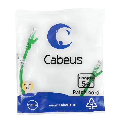 Патч-корд U/UTP, категория 5е, 2xRJ45/8p8c, неэкранированный, зеленый, PVC, 0.3м