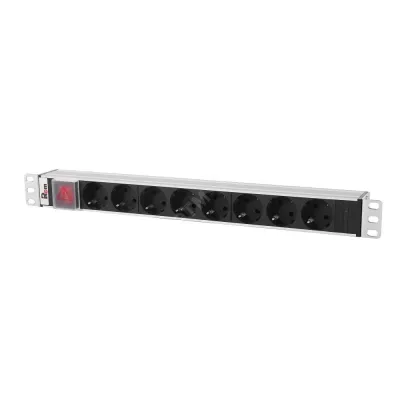 Блок розеток Rem-10 без шнура с выкл., 8 Sсhuko, вход IEC 60320 C14, 10 A, алюм., 19'