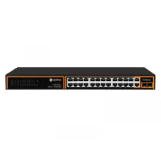 Коммутатор неуправляемый промышленный 24x100Мбит/с (RJ45 с PoE+), 2x1Гбит/с (RJ45) + 2x1Гбит/с (SFP) 300Вт