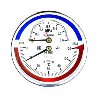 Термоманометр МПТ 0…120 С/0…0.6 МПа кт.2.5 d.80 IP40 G1/2 ОШ L64