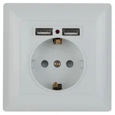 Розетка Intro Solo 4-410-01 с заземлением P+E Schuko со шторками, 16А-250В + 2хUSB, IP20, СУ, белый
