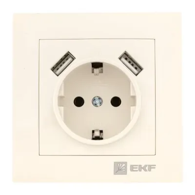 Валенсия розетка 1-местная с/з 16А кремовая с защ. штор. с 2 USB 2,1А