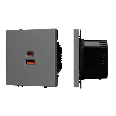 Механизм розетки с быстрой USB зарядкой SCT-NOBE-MUAC-SFPL-FC-GR, 65W, QC3, Серый
