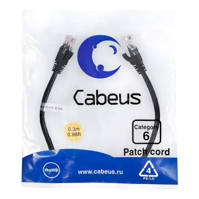 Патч-корд U/UTP, категория 6, 2xRJ45/8p8c, неэкранированный, черный, PVC, 0.3м
