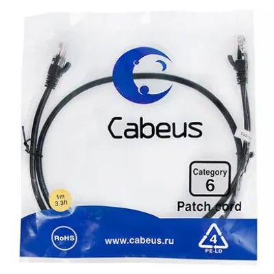 Патч-корд U/UTP, категория 6, 2xRJ45/8p8c, неэкранированный, черный, PVC, 1м