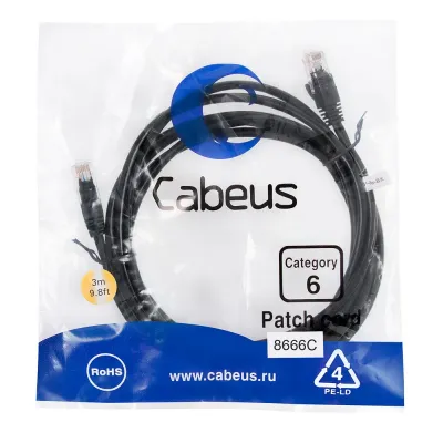 Патч-корд U/UTP, категория 6, 2xRJ45/8p8c, неэкранированный, черный, PVC, 3м