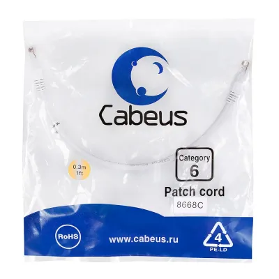 Патч-корд U/UTP, категория 6, 2xRJ45/8p8c, неэкранированный, белый, PVC, 0.3м