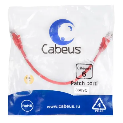 Патч-корд U/UTP, категория 6, 2xRJ45/8p8c, неэкранированный, красный, PVC, 0.3м
