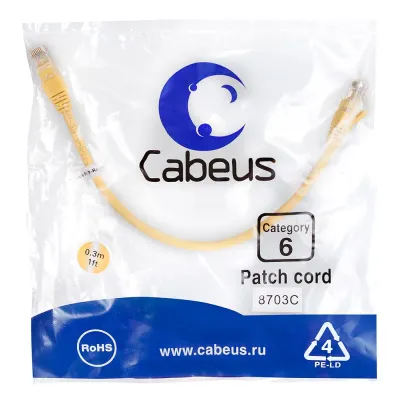 Патч-корд U/UTP, категория 6, 2xRJ45/8p8c, неэкранированный, желтый, PVC, 0.3м