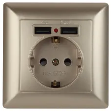 4-410-04 Intro Розетка P+E Schuko со шторками, 16А-250В + 2хUSB, СУ, Solo, шампань (10/100/2500)