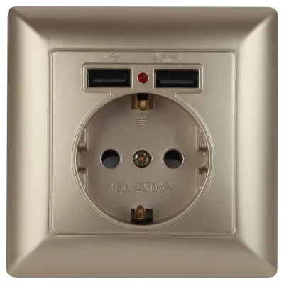 4-410-04 Intro Розетка P+E Schuko со шторками, 16А-250В + 2хUSB, СУ, Solo, шампань (10/100/2500)
