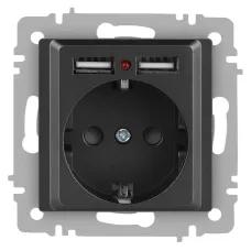 Розетка Intro Accent 6-410-07 P+E Schuko со шторками, 16А-250В + 2хUSB, IP20, СУ, графит