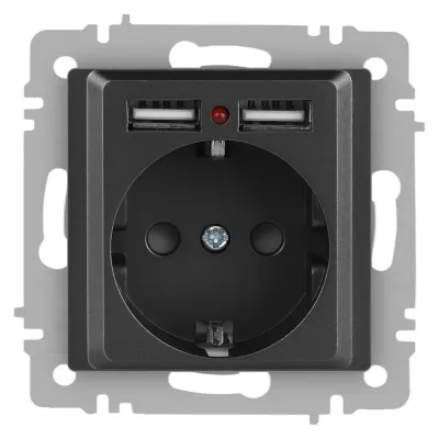 Розетка Intro Accent 6-410-07 P+E Schuko со шторками, 16А-250В + 2хUSB, IP20, СУ, графит