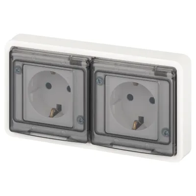 Розетка ЭРА Эксперт 11-2523-01 2х2P+E гориз. IP55, 16A-250В, СУ, белый