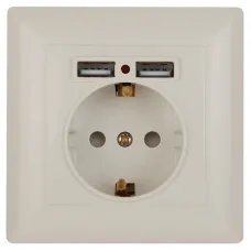Розетка Intro Solo 4-410-02 с заземлением P+E Schuko со шторками, 16А-250В + 2хUSB, IP20, СУ, слоновая кость