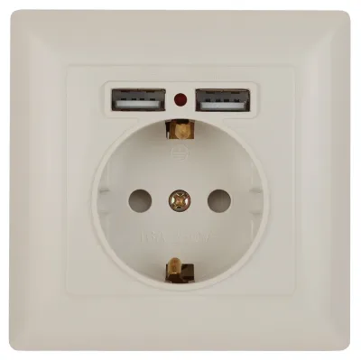 Розетка Intro Solo 4-410-02 с заземлением P+E Schuko со шторками, 16А-250В + 2хUSB, IP20, СУ, слоновая кость